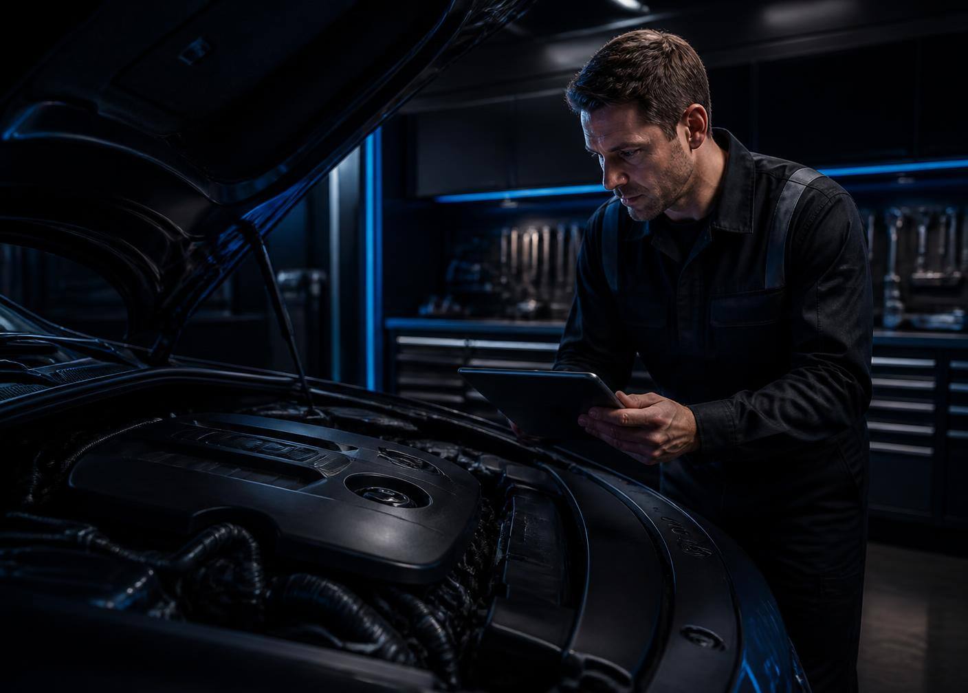 Profissional avaliando o motor de um veículo em oficina premium