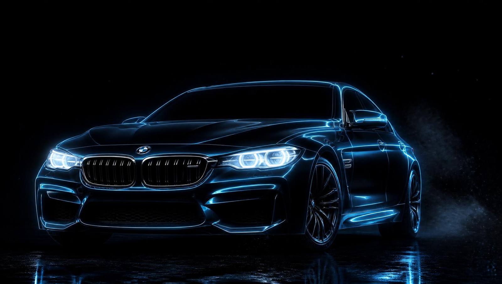 Carro premium com linhas de luz azul emergindo da escuridão